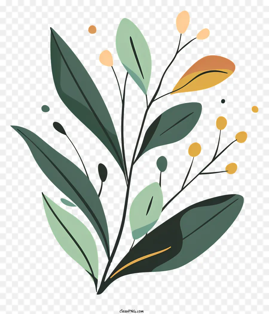 Große grüne Zweigblattgiergelb und grüne Blätter schwarzer Hintergrund kleine Blätter - Blattzweig mit stilisierten gelben und grünen Blättern