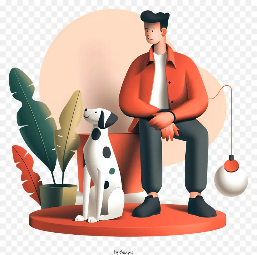 Uomo che gioca con le piante in vaso in stile cartone animato per cani da cane - Uomo e cane Leging in una scena pacifica