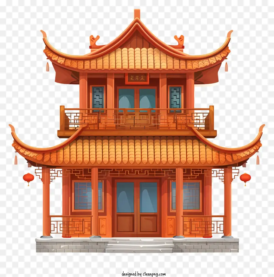 Casa cinese in legno Architettura cinese Facciata in legno Sculconi decorativi decorativi balcone - Edificio cinese con facciata in legno, balcone, persone che guardano