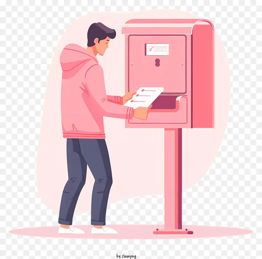 Mann öffnet Mailbox Man Pink Pullover Mailbox - Mann im rosa Pullover wartet im Mailbox