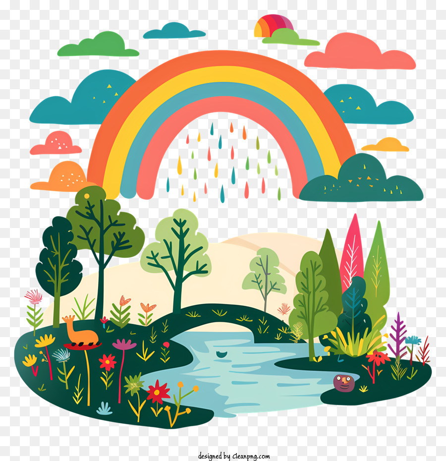 Regenbogen - Serene Landschaft mit Fluss, Regenbogen, Bäumen, Blumen