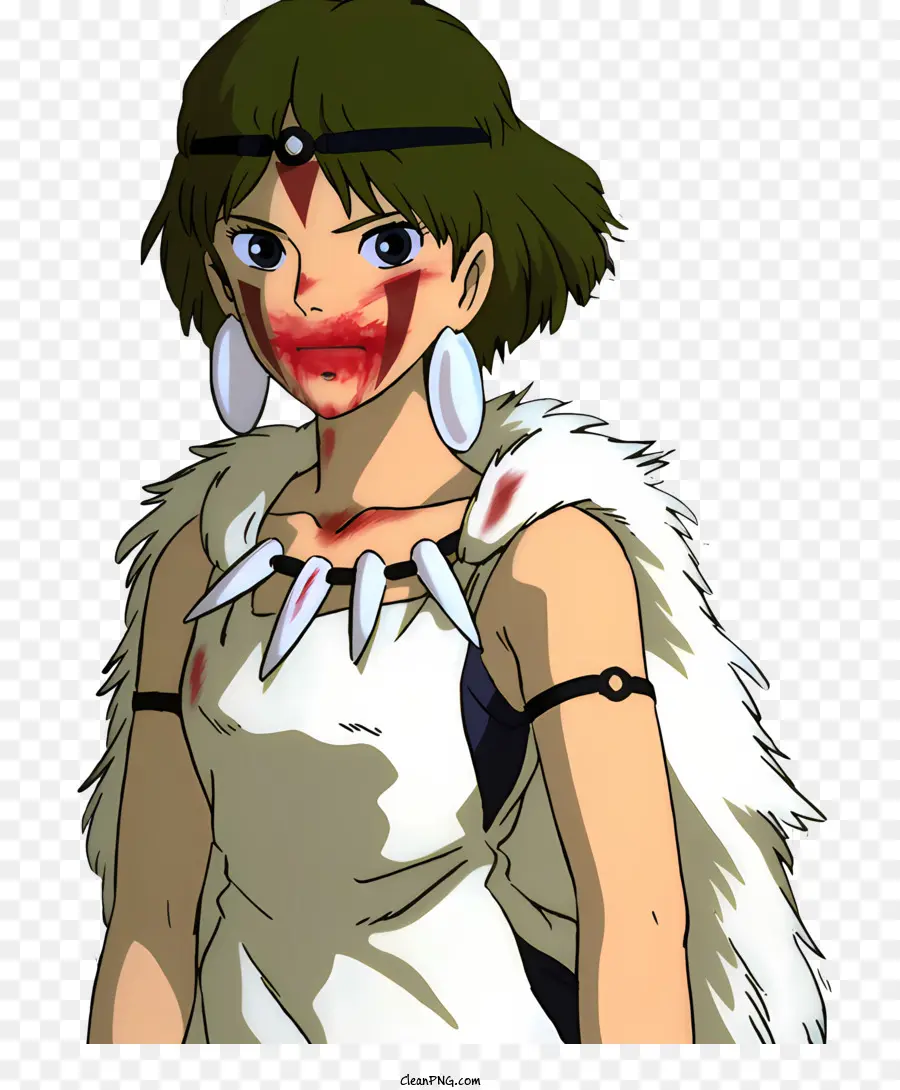 Ghibli Cartoon Frau Krieger langes Haar weißes Kleid roter Umhang - Frau in Kampfkleidung mit blutigem Gesicht