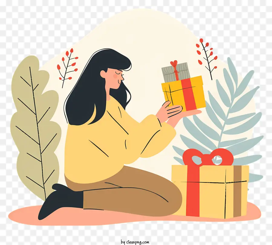 woman holding gift box forest woman presents greenery