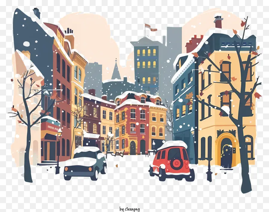 Các tòa nhà đường phố mùa đông đường phố xe hơi đi bộ - Đường đô thị với người đi bộ, xe hơi, tuyết