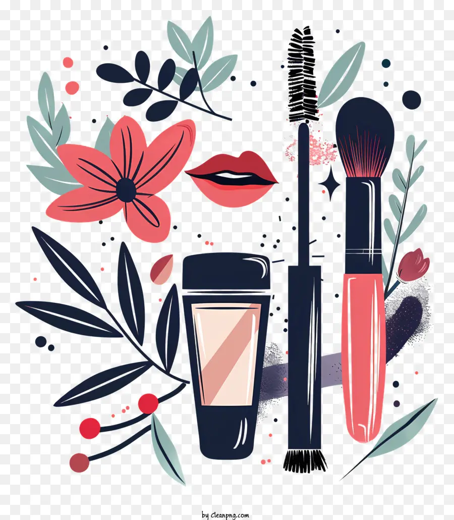 make up - Make -up -Pinsel, Lippenstift, Blumen auf schwarzem Hintergrund