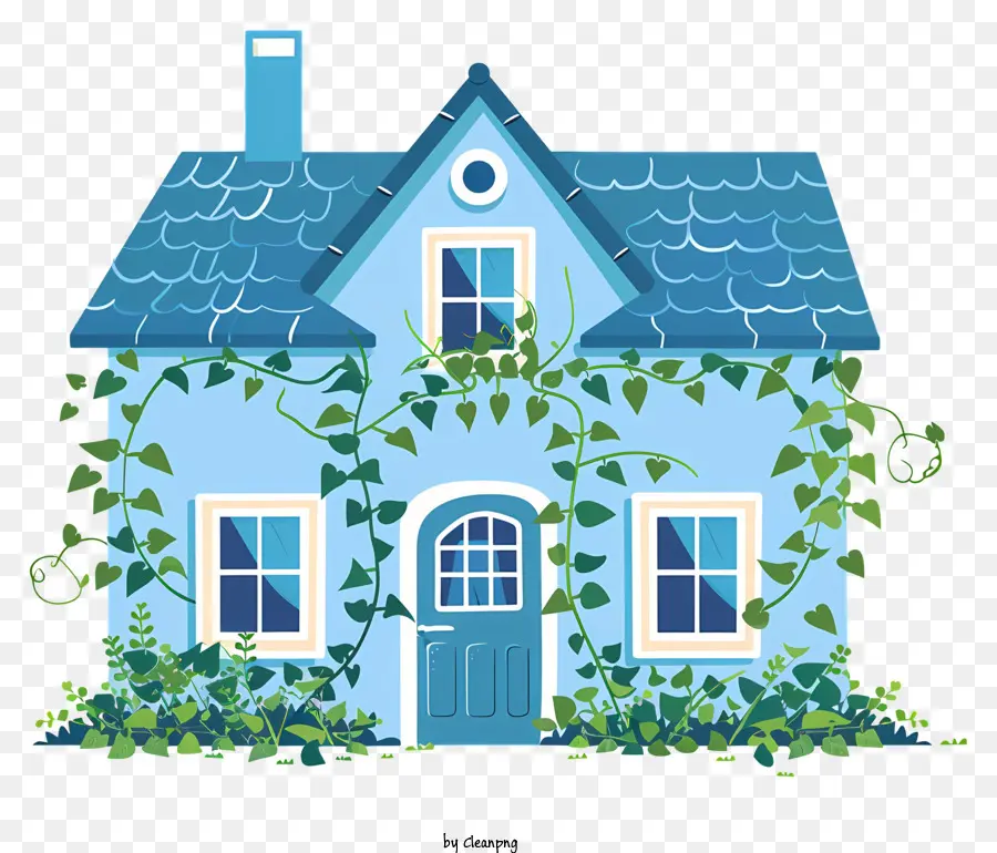 Holzrahmen - Blaues Haus mit Efeu, gut gepflegtes Äußeres