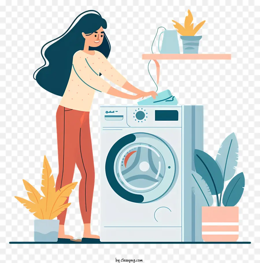 Waschmaschine - Frau, die neben Waschmaschine friedlich steht