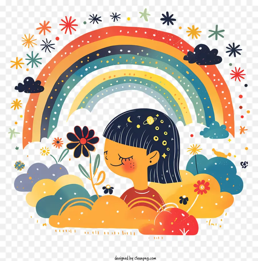 arcobaleno - Ragazza con i capelli lunghi tra le nuvole, con in mano un fiore