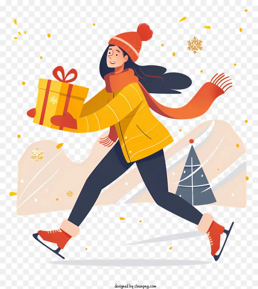 Geschenkbox - Glückliche Frau, die Geschenkbox im Schnee trägt
