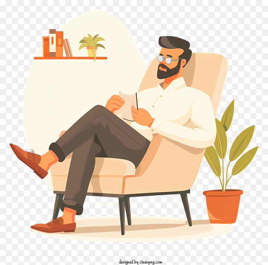 Brille - Mann liest Buch auf Stuhl mit Pflanze