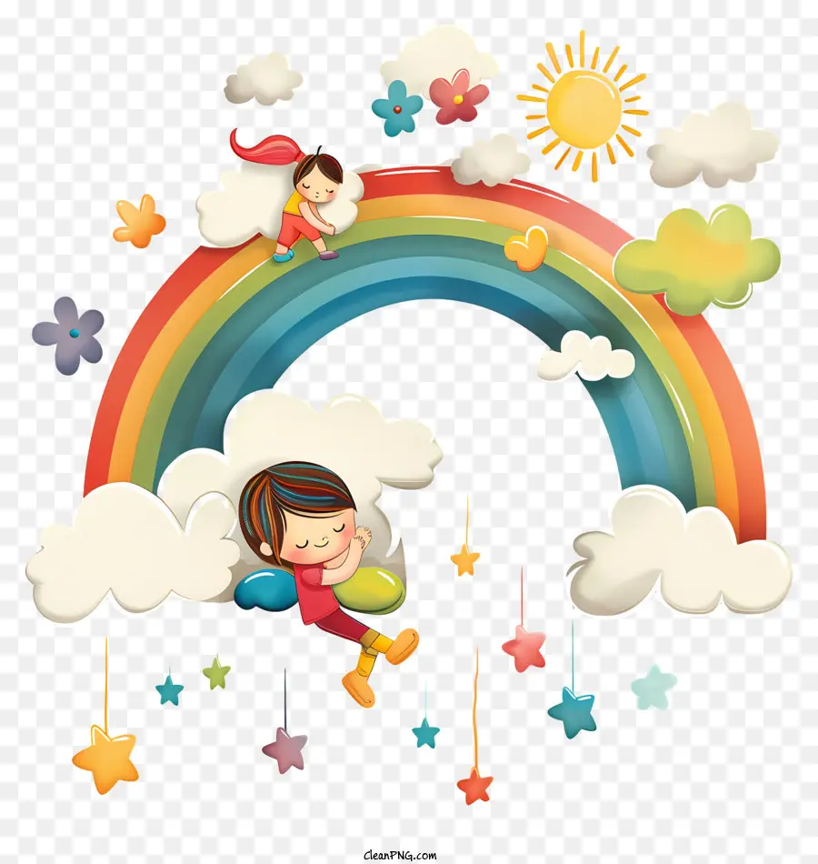 Regenbogen - Cartoon -Charakter schläft unter Regenbogen mit Schmetterlingen