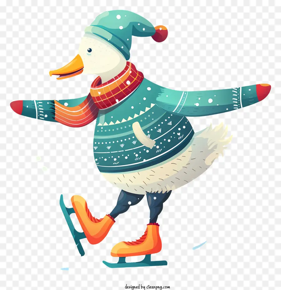 Gänseeiser Skating Cartoon Duck Skating Duck Blue Pullover roter Schal - Cartoonente im Winterkleidereisen Eis Skaten
