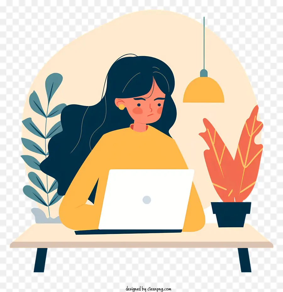 Người phụ nữ với máy tính xách tay phụ nữ máy tính xách tay dài tóc đen - Người phụ nữ mặc áo len màu vàng gõ trên máy tính xách tay