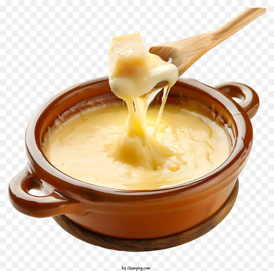 Käse Fondue Day cremige Sauce Goldene Farbe Köstlicher Tontopf - Brauner Topf mit goldener Sauce und Löffel