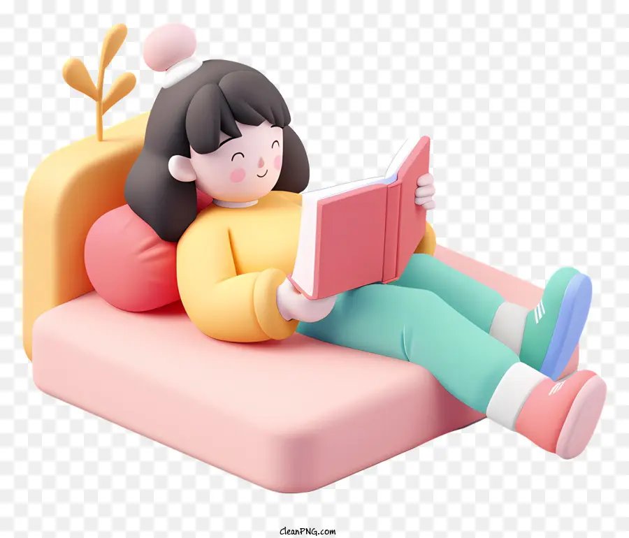little girl lying girl reading book pink couch