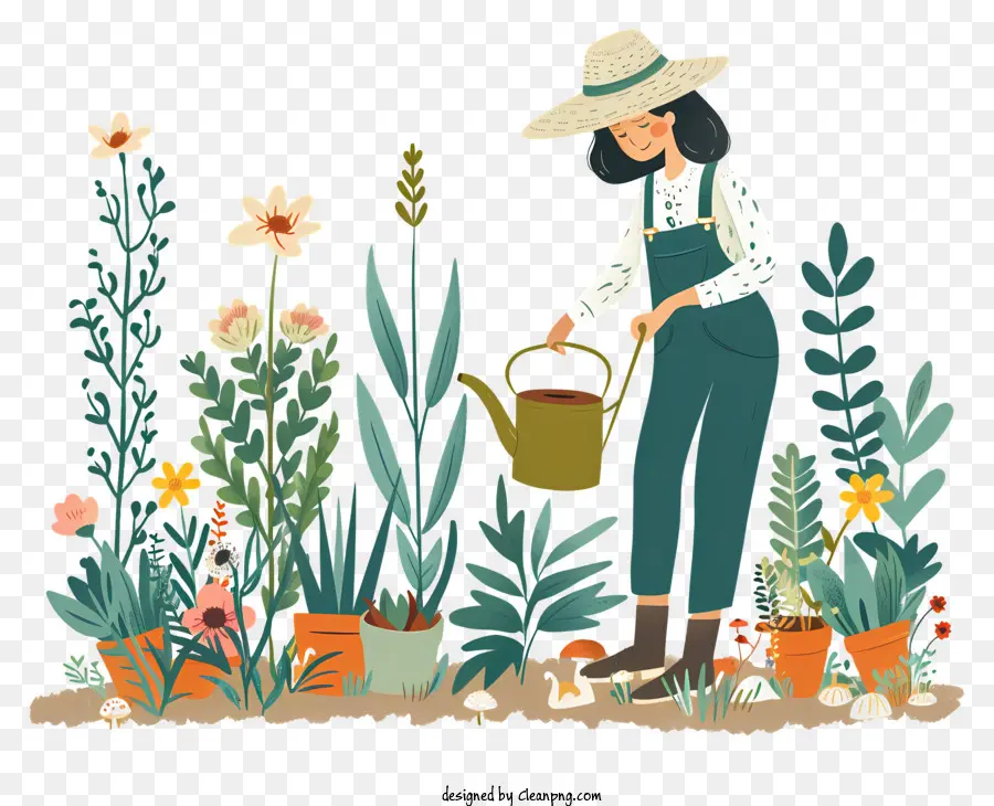 Gartentag Frau Garten Strohhut Bewässerung kann - Frau im Garten trägt Hut, Pflanzen gießen