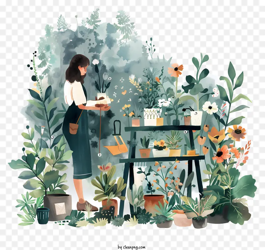 Giardinaggio Giornata delle piante serra Fiori Giardinaggio - Donna in serra circondata da piante che lavorano pacificamente