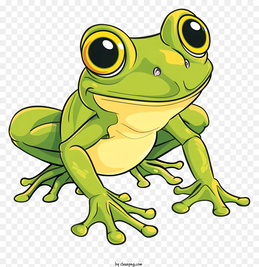 Cartoon Frog Frog Green lächelnd glücklich - Glücklicher und neugieriger grüner Frosch im T-Shirt