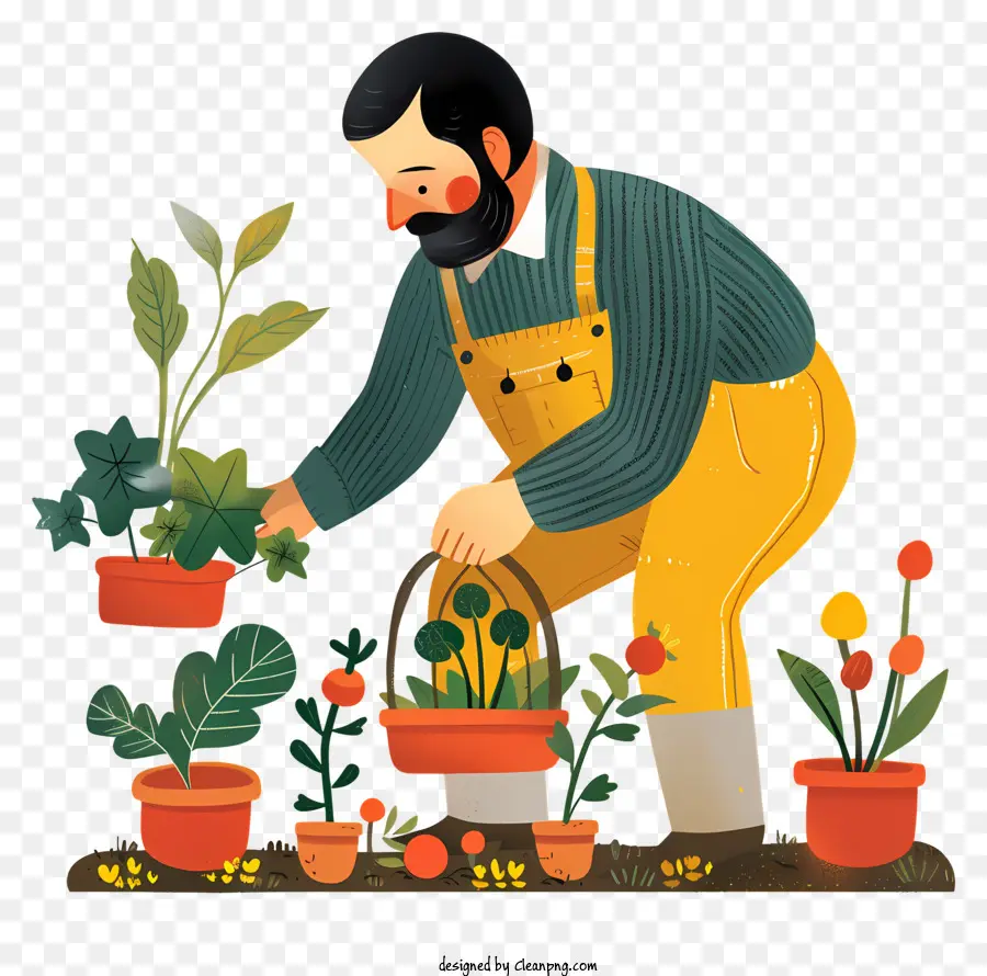 sfondo verde - L'uomo in tuta tende a piante in vaso