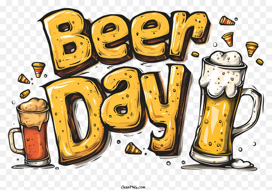 Beer Day Beer Day Lettering Hand Testa in schiuma di birra - Logo del giorno della birra con due tazze e uccelli
