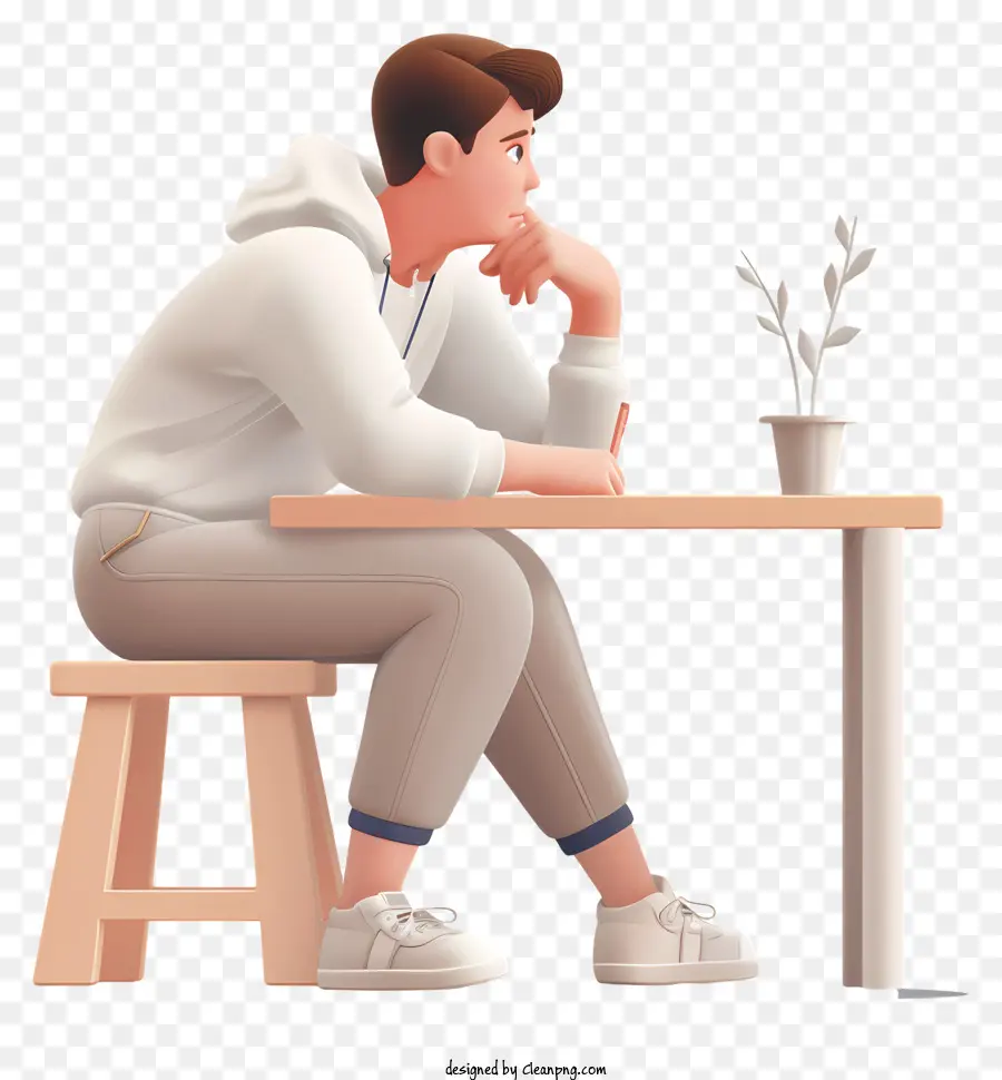 Mann sitzt am Schreibtisch nachdenklicher Ausdruck junger Mann Schreibtisch Topfpflanze - Junger Mann im schwach beleuchteten Raum mit Pflanze