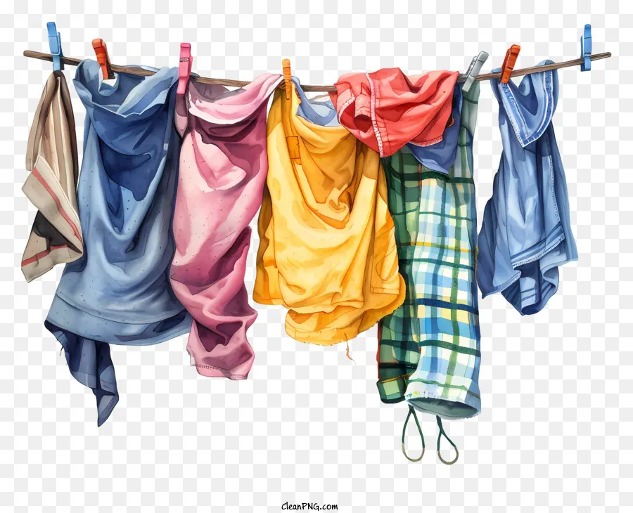 Wäschetag Wäscheleine hängende Kleidung trocknende Kleidung Wäsche - Wäscheleine mit hängenden Kleidung, die in der Sonne trocknet
