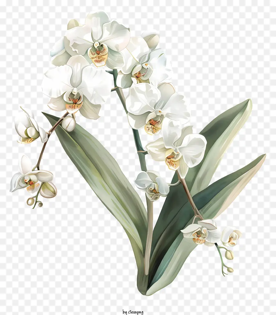 Orchid Day White Orchid Painting Foglie verdi Black Sfondo - Pittura dettagliata di orchidea bianca, atmosfera serena