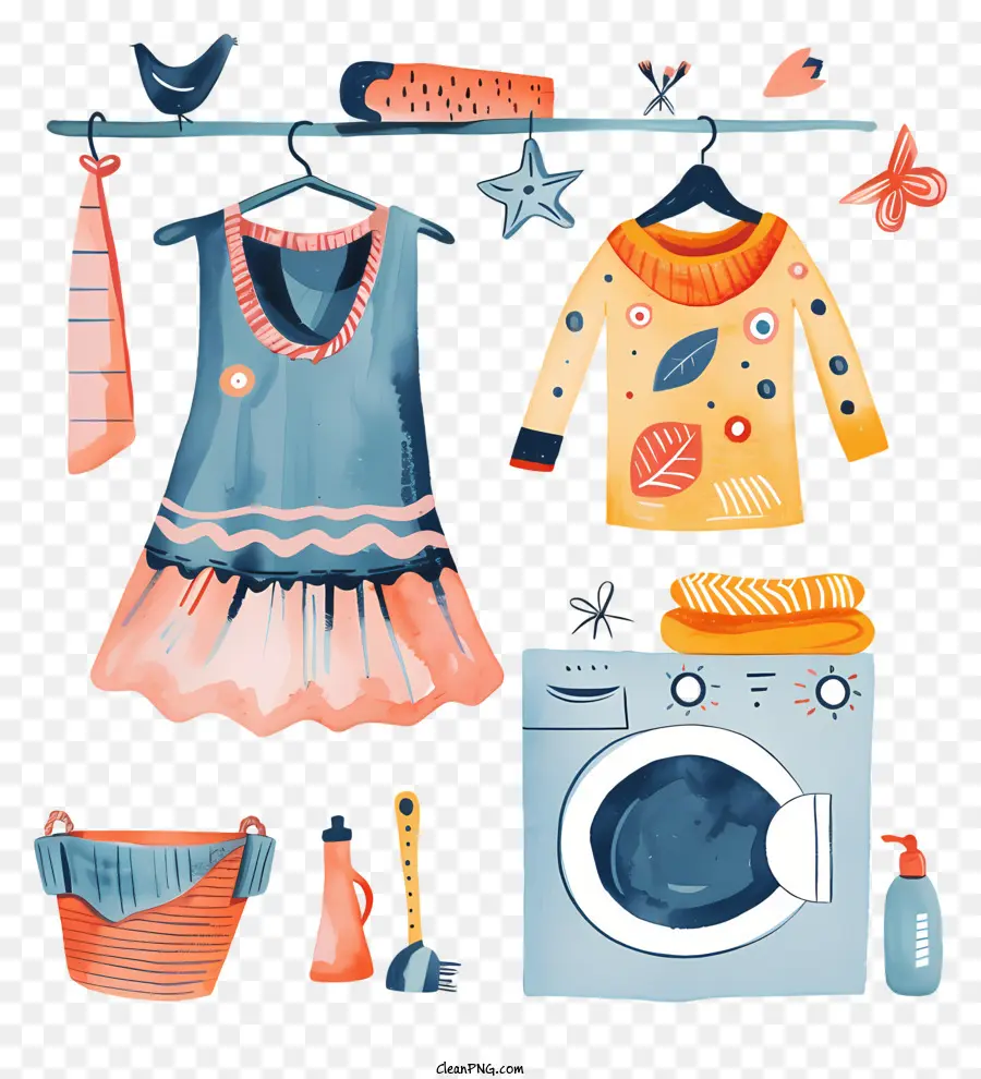 Waschmaschine - Haushaltsgegenstände hängen an Wäscheleine in der Küche