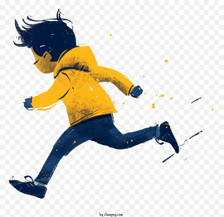 Little Boy che corre il personaggio dei cartoni animati che corre giacca gialla blu jeans - Personaggio dei cartoni animati che corre con la borsa sulla spalla