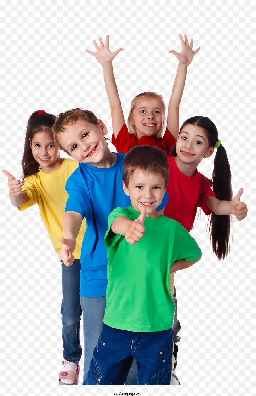 Daumen hoch - Viele Gruppe lächelnder Kinder in farbenfrohen Hemden