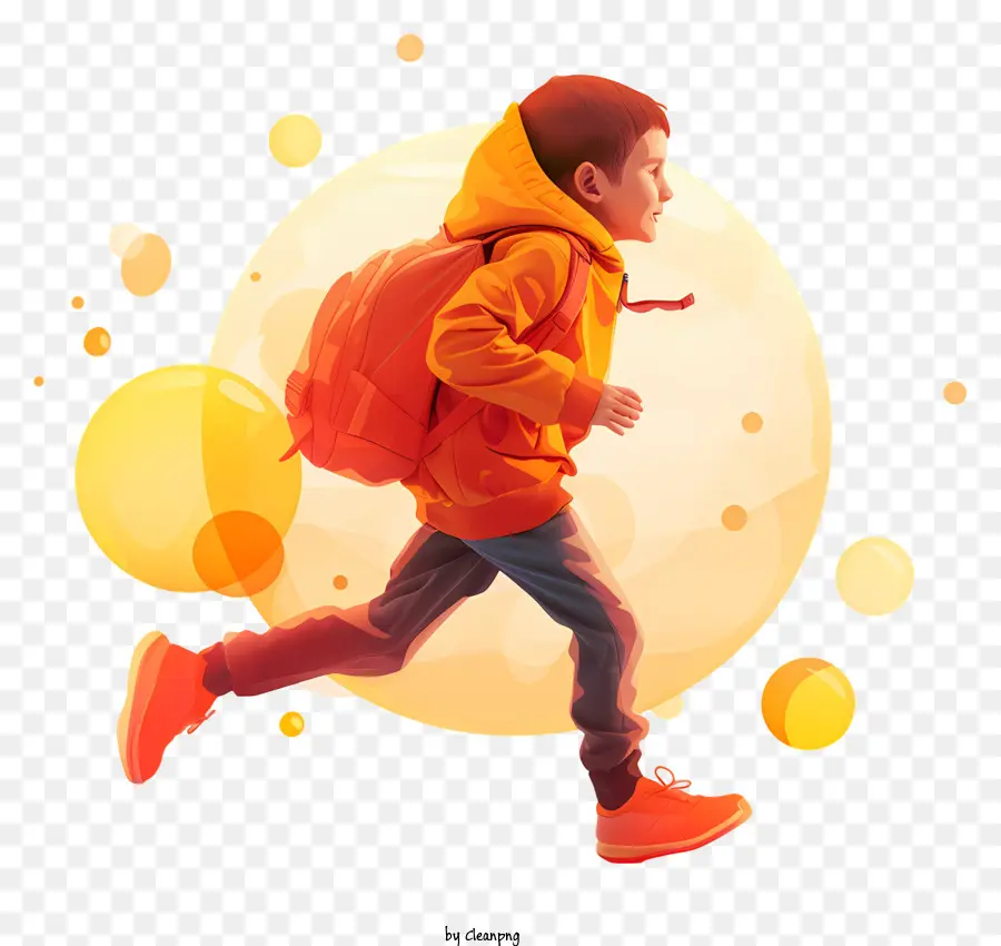 kleiner Junge, der junge Jungen Orange Hoodie Running Rucksack rennt - Kleiner Junge, der mit Rucksack unter Sonne rennt