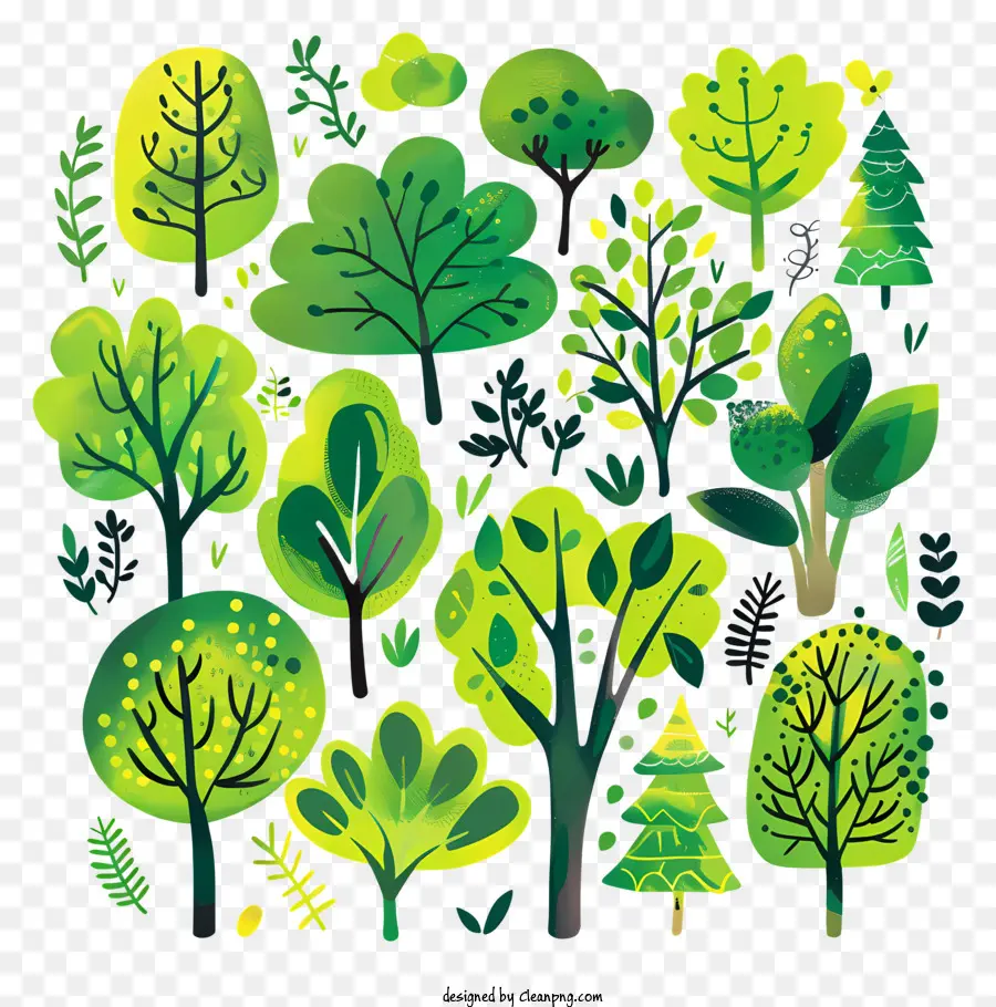 Arbor Day - Sammlung von grünen Bäumen auf schwarzem Hintergrund