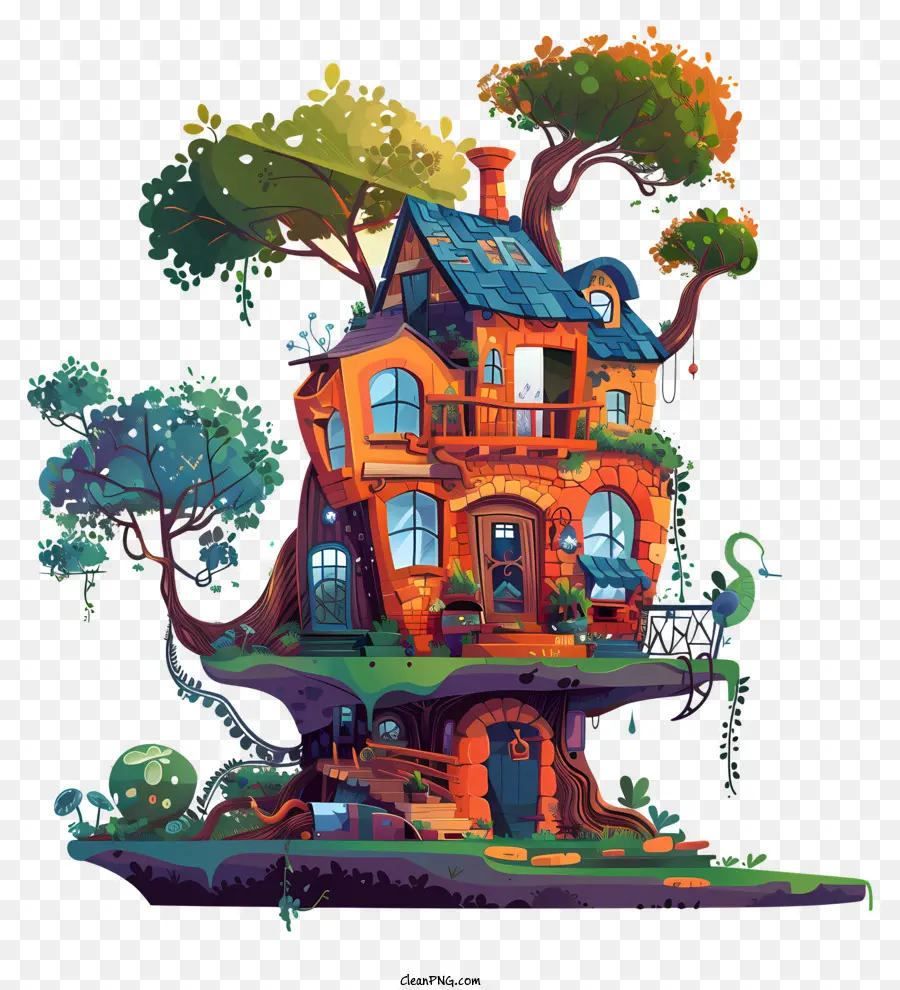Fantasy House Cartoon House Buntes Hausbaum Haus einfallsreiches Haus - Buntes Cartoonhaus mit Baum, fröhliche Atmosphäre