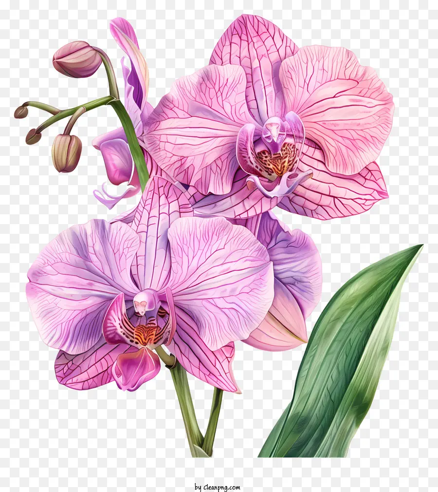 Orchid Day WaterColor Illustration Pink Orchid Bloom Petals - Orchidea rosa in fiore con foglie