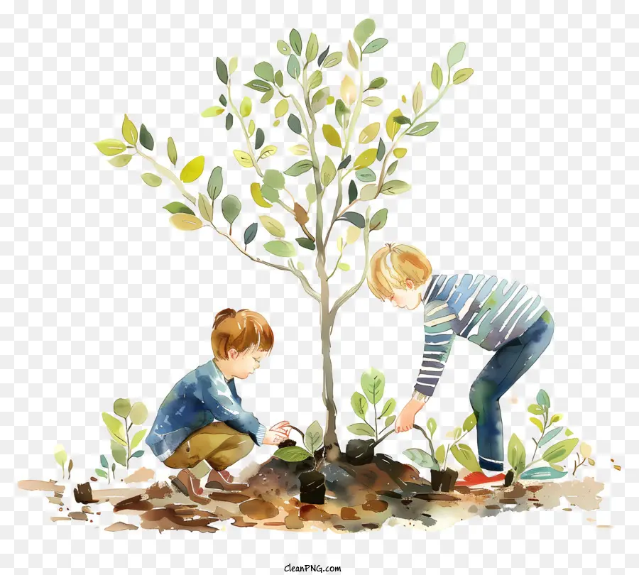 Arbor Day - Kinder, die Baum im farbenfrohen Garten pflanzen
