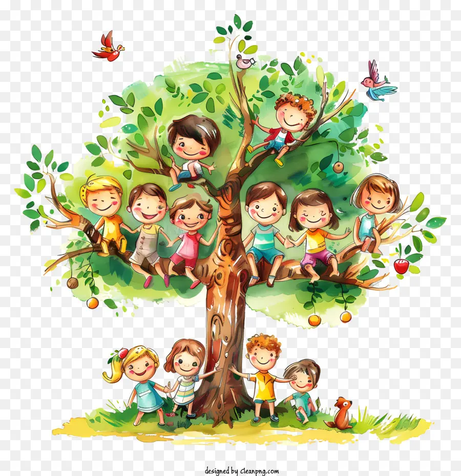 Arbor Day - Glückliche Kinder an Baumzweigen, die von Vögeln umgeben sind