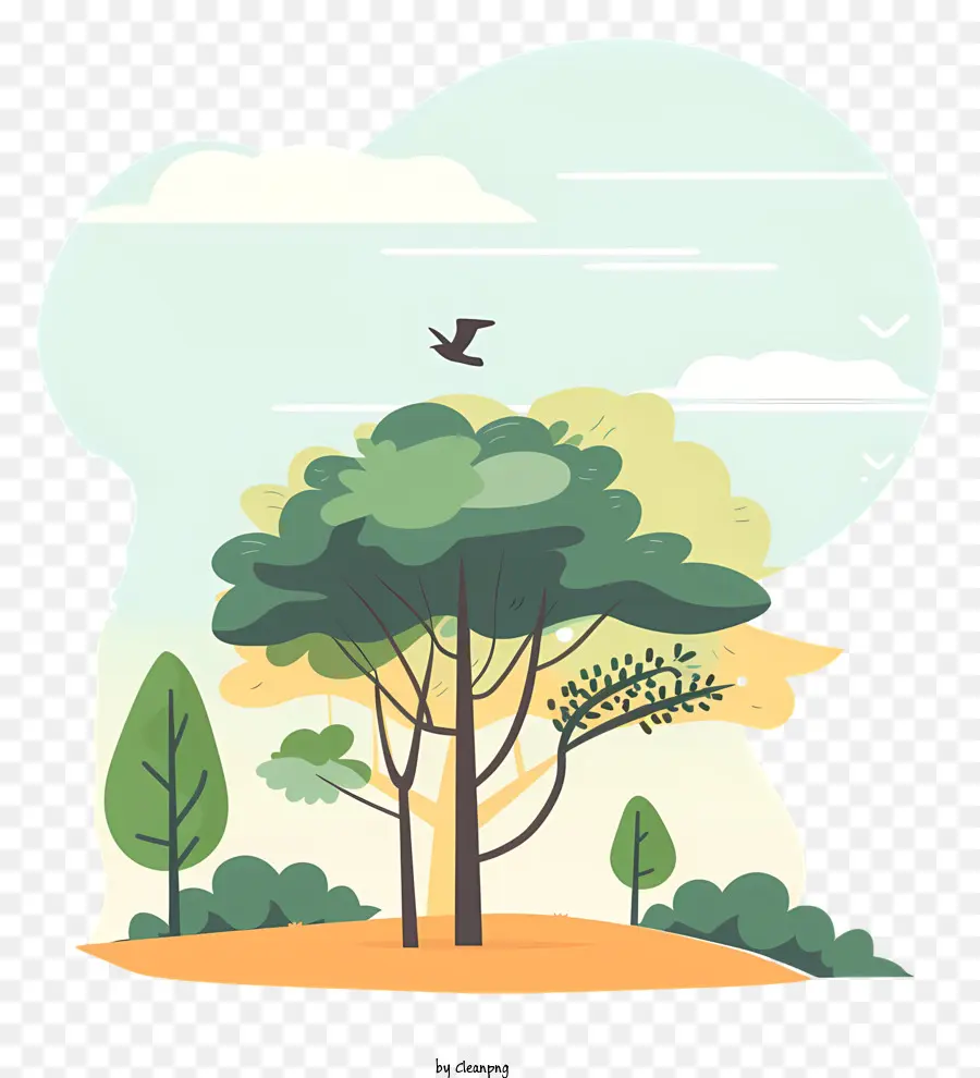 Arbor Day - Flache monochromatische Waldszene mit Vögeln, Bäumen