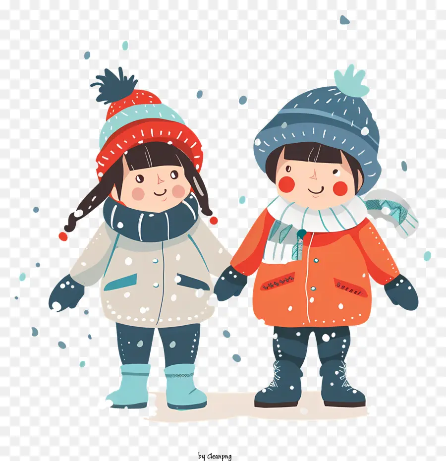 Geschwister Winter Kinder Schneehüte - Kinder in Winterkleidung lächeln im Schnee