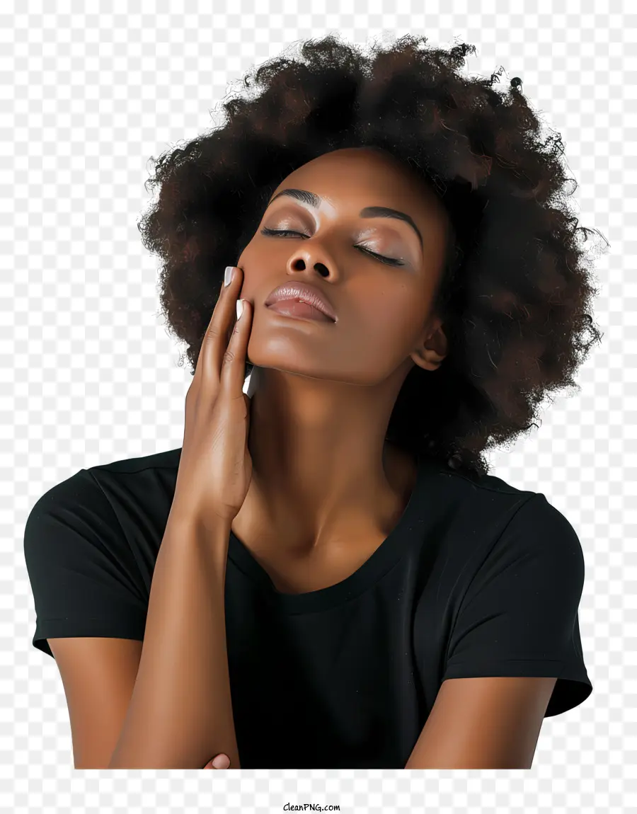 african woman relaxation peaceful black shirt eyes closed