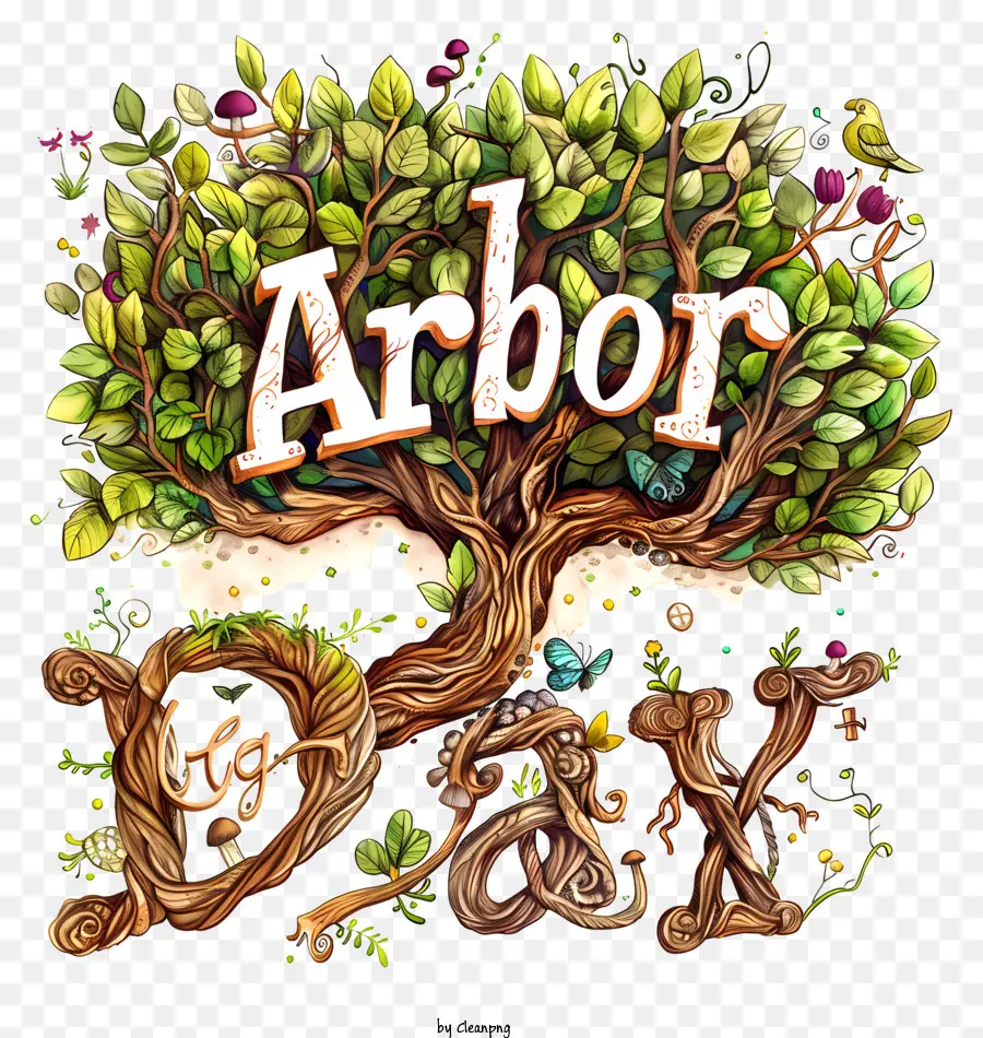 arbor ngày - Cây đầy màu sắc với văn bản thân cây 