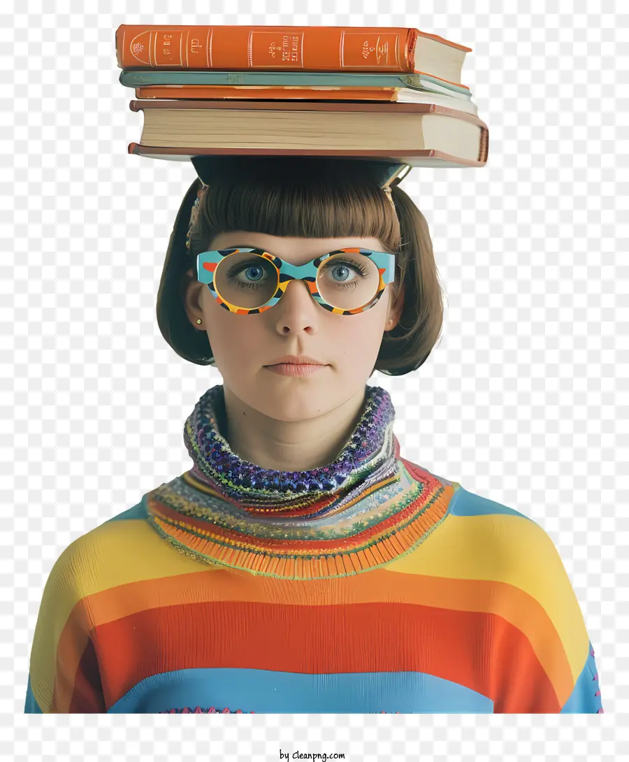 sfondo bianco - Donna in occhiali con libri in testa