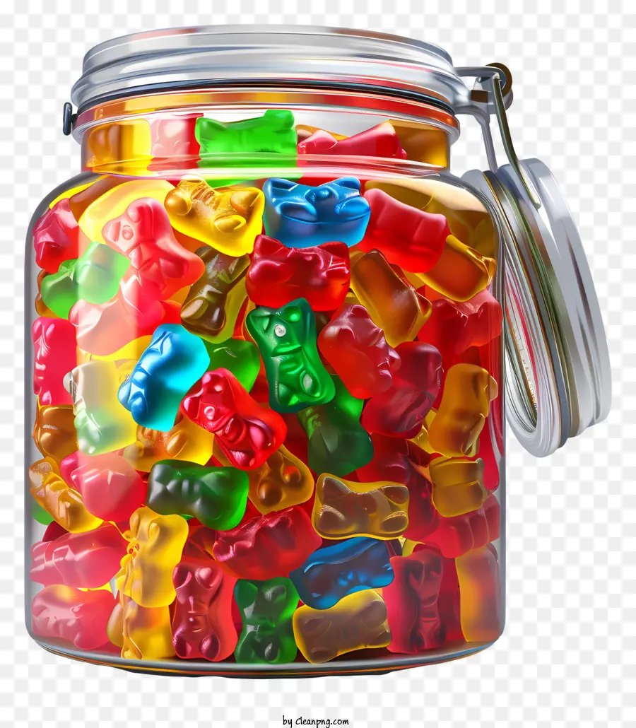 Gummi Bear Day Gummibärchen Gummies Süßigkeiten Süßigkeiten - Bunte Gummibärchen im Glas gestapelt