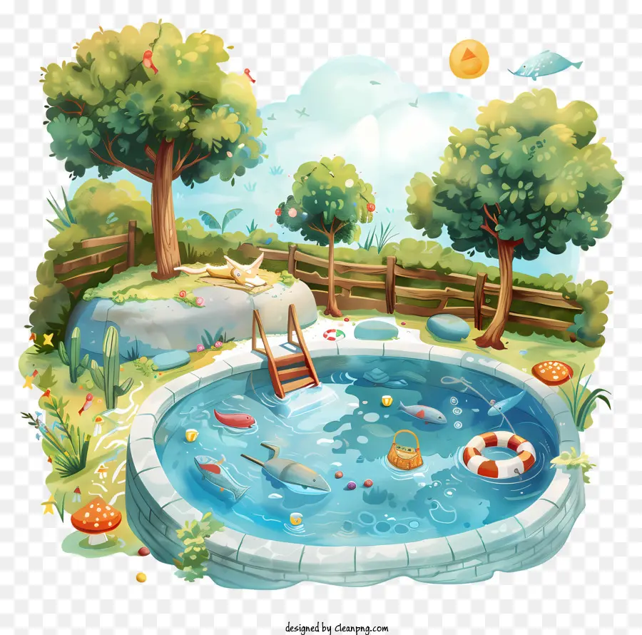 Piscina di apertura di apertura di nuoto piscina parco per immersioni di pesce - Scene di parco tranquillo con piscina e pesce