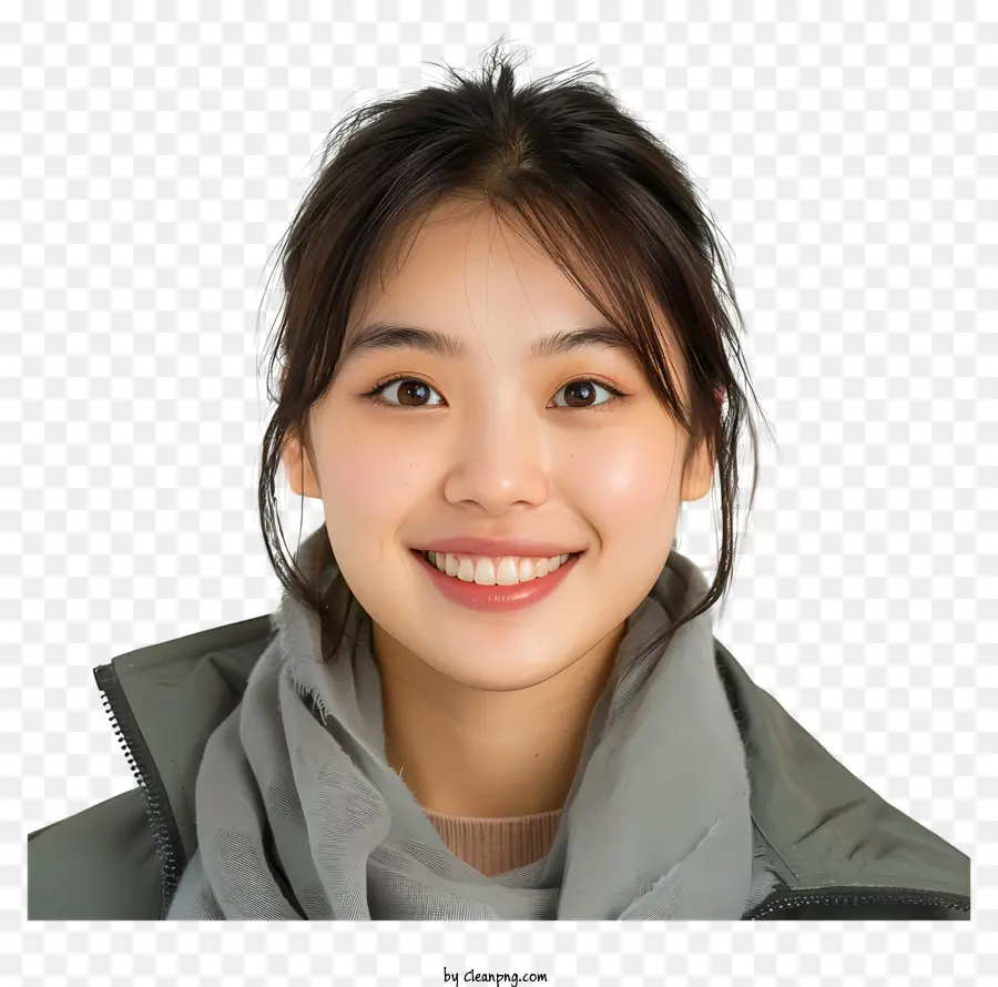 asian woman smiling long black hair grey scarf smiling arms crossed