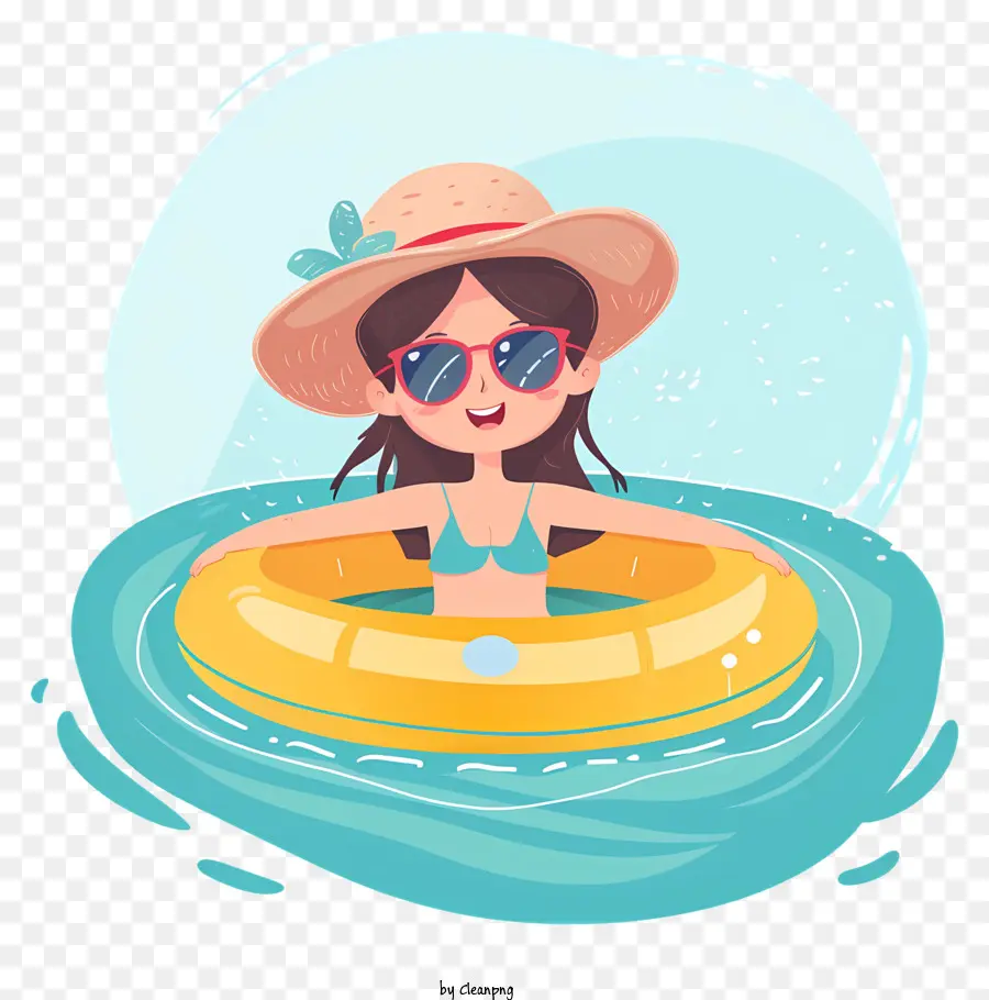 Giorno di apertura della piscina Cartoon personaggio con cappello da sole da sole da bagno con cappello da sole - Personaggio dei cartoni animati che galleggia nell'oceano sulla zattera