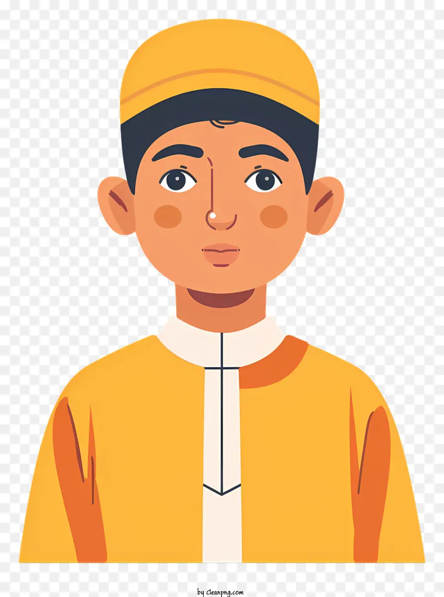 muslimischer Junge aus dem Nahen Osten ethnischer Person Gelbes Hemd blaue Hosen - Mann aus dem Nahen Osten in bunte Kleidung, ernsthafter Ausdruck