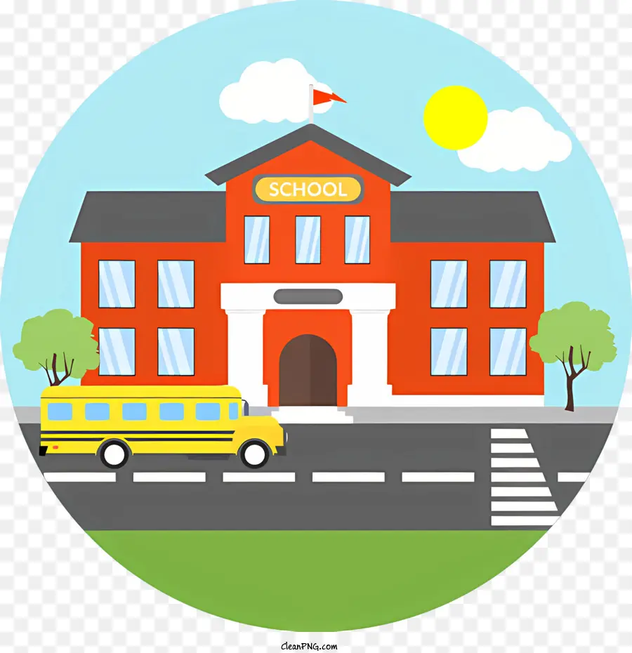 Schulgebäude - Schulgebäude mit Autos und gelbem Bus