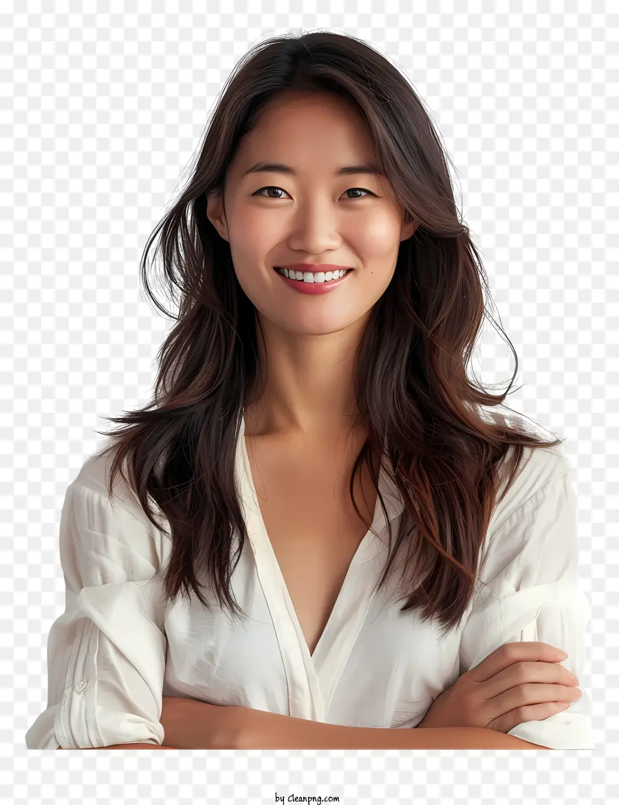 Asiatische Frau lächelte Porträtfrau dunkle Haare dunkle Augen - Attraktive Frau im weißen Hemd lächelnd