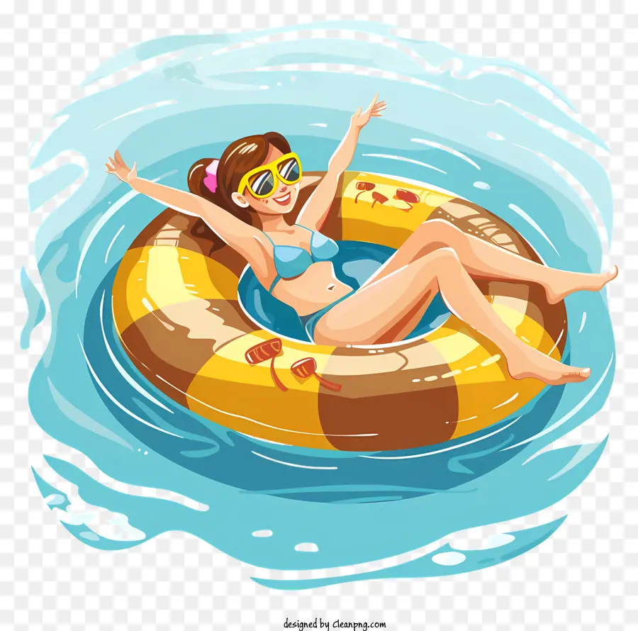 Piscina di apertura del giorno in spiaggia rilassamento degli occhiali da sole - Donna sul tubo gonfiabile che si rilassa nell'oceano