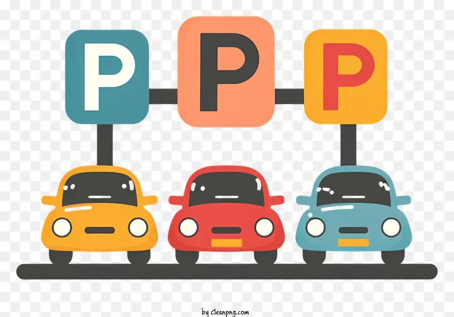 Parkwagen Parkplatzkennzeichen Fahrzeugmodelle - Vier Autos auf dem Parkplatz mit 'PP' oben geschrieben